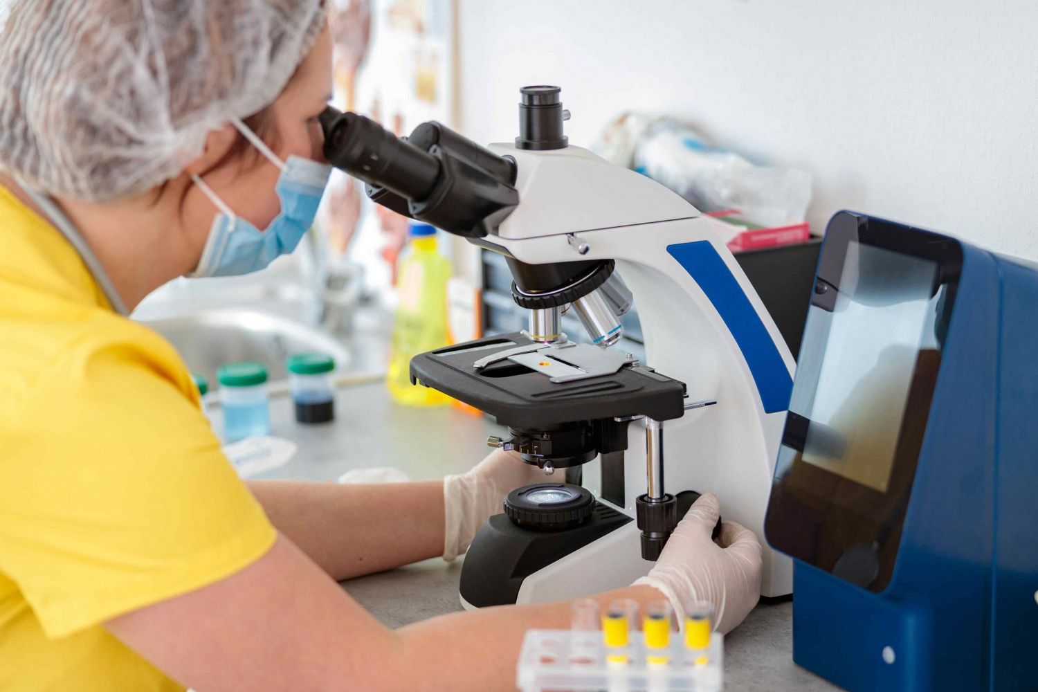 Veterinarian Looking at a Slide Under a Microscope Veterinarian Looking at a Slide Under a Microscope
